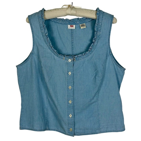 Levi's Chambray Sleeveless Top Ruffle Neck Button Front Tank Blouse Large - Picture 1 of 6